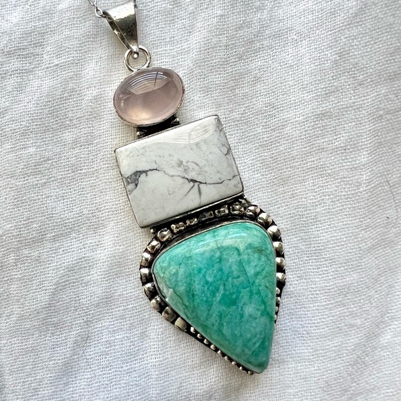 925 * FLAW* Rose Quartz + Howlite + Amazonite Necklace Pendant - Picture 3 of 9